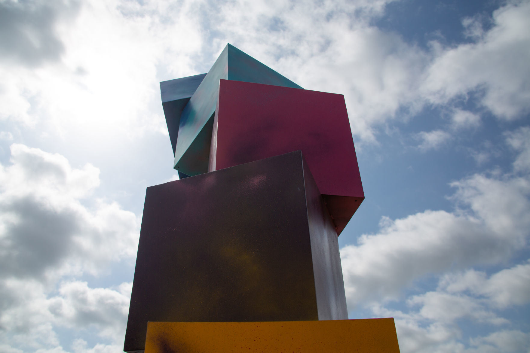 Juried Public art temporary outdoor sculpture exhibition shows a series of nine sculptures. This sculpture is shown on North 3rd Street and Houston Street.